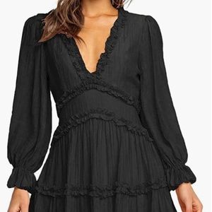 Dokotoo Sexy Deep V Neck Ruffle Long Sleeve Black Mini Dress Sz. Large